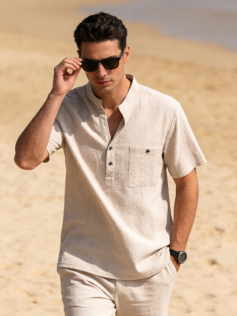 Men's Cotton Linen Henley Shir – Linen Shirt Breathable Bewertung und Preis