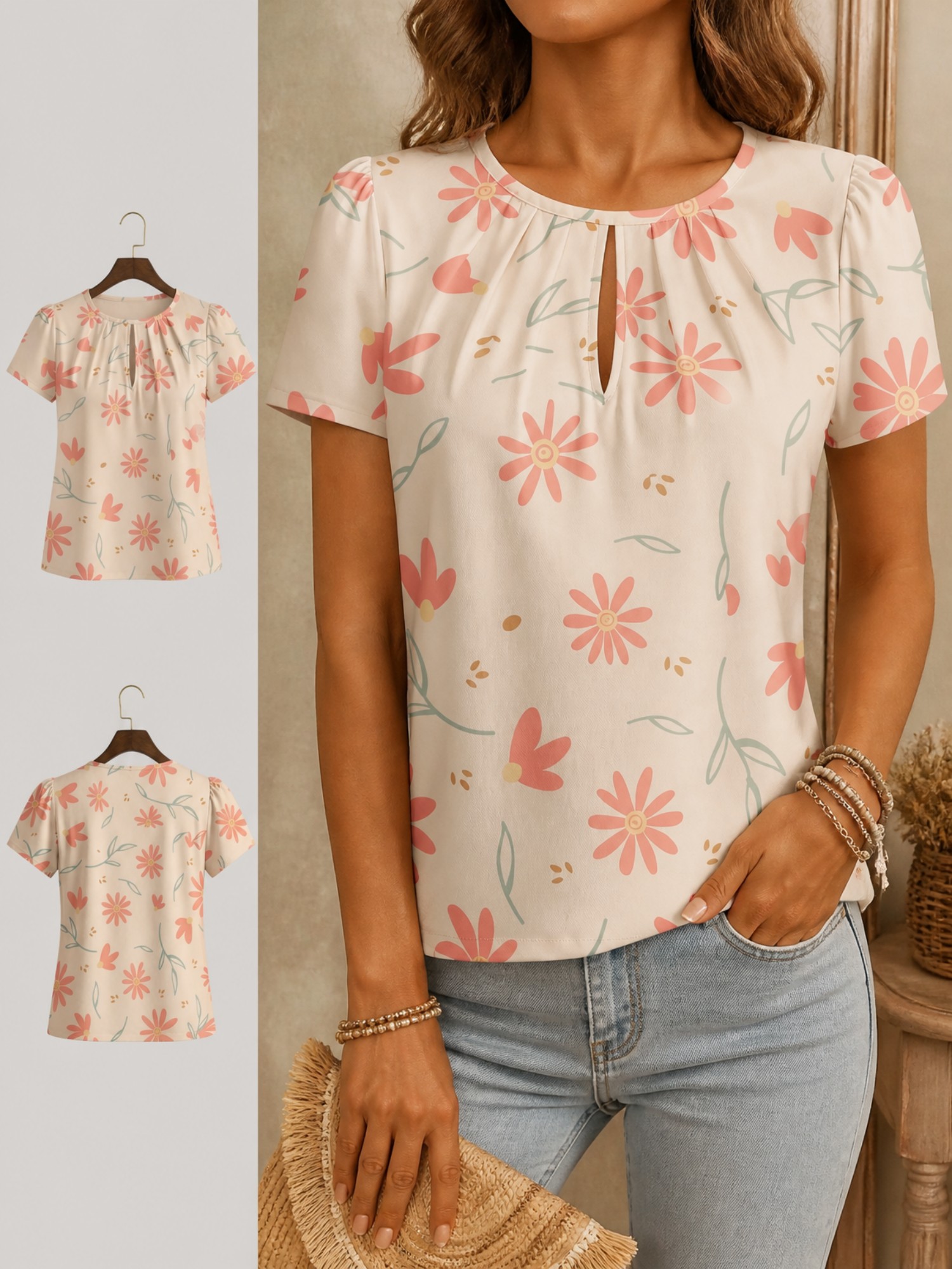 2026 New Women's Round Neck El – Resort Shirt Floral Bewertung und Preis