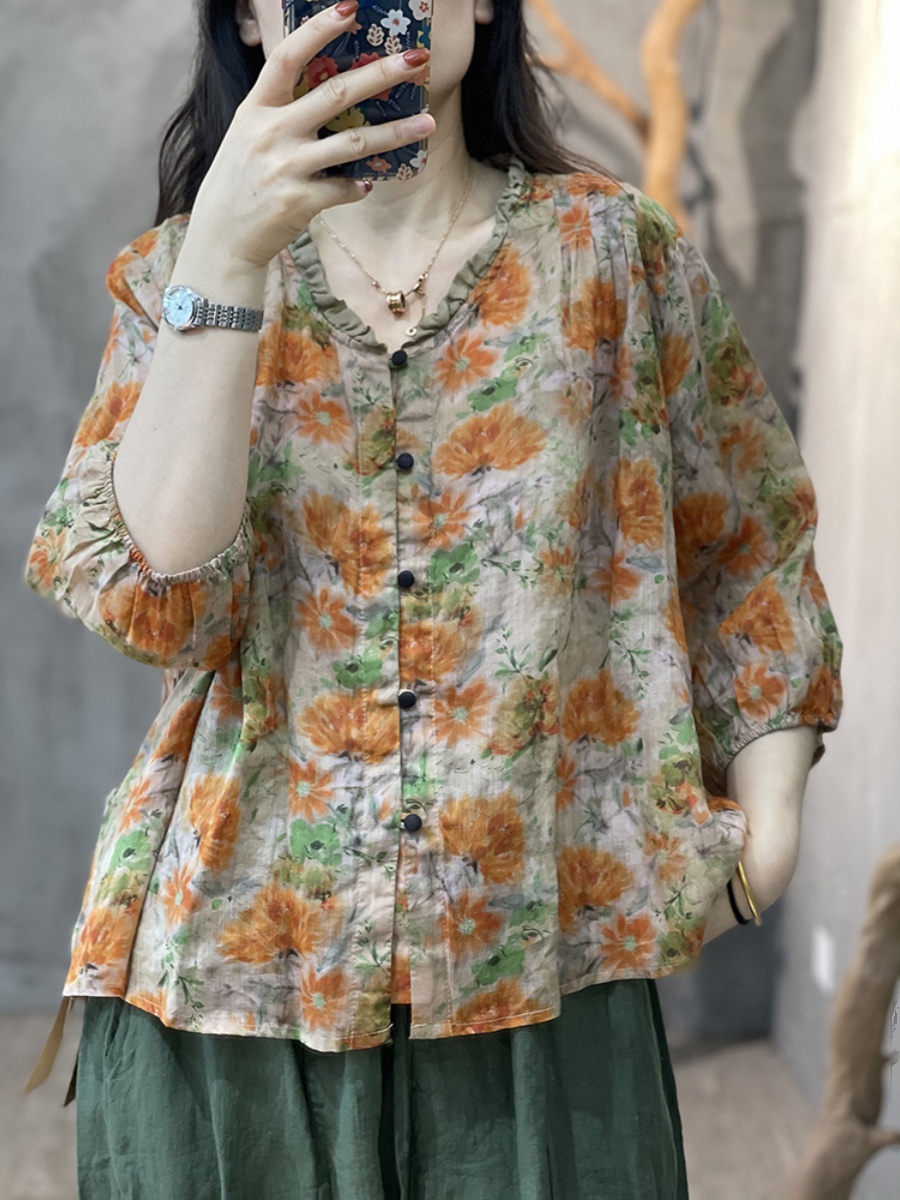 Large Size Women's Artistic Fl – Linen Shirt Breathable Bewertung und Preis