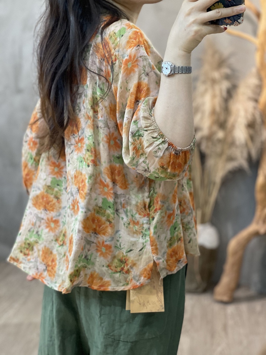 Large Size Women's Artistic Fl – Linen Shirt Breathable Bewertung und Preis