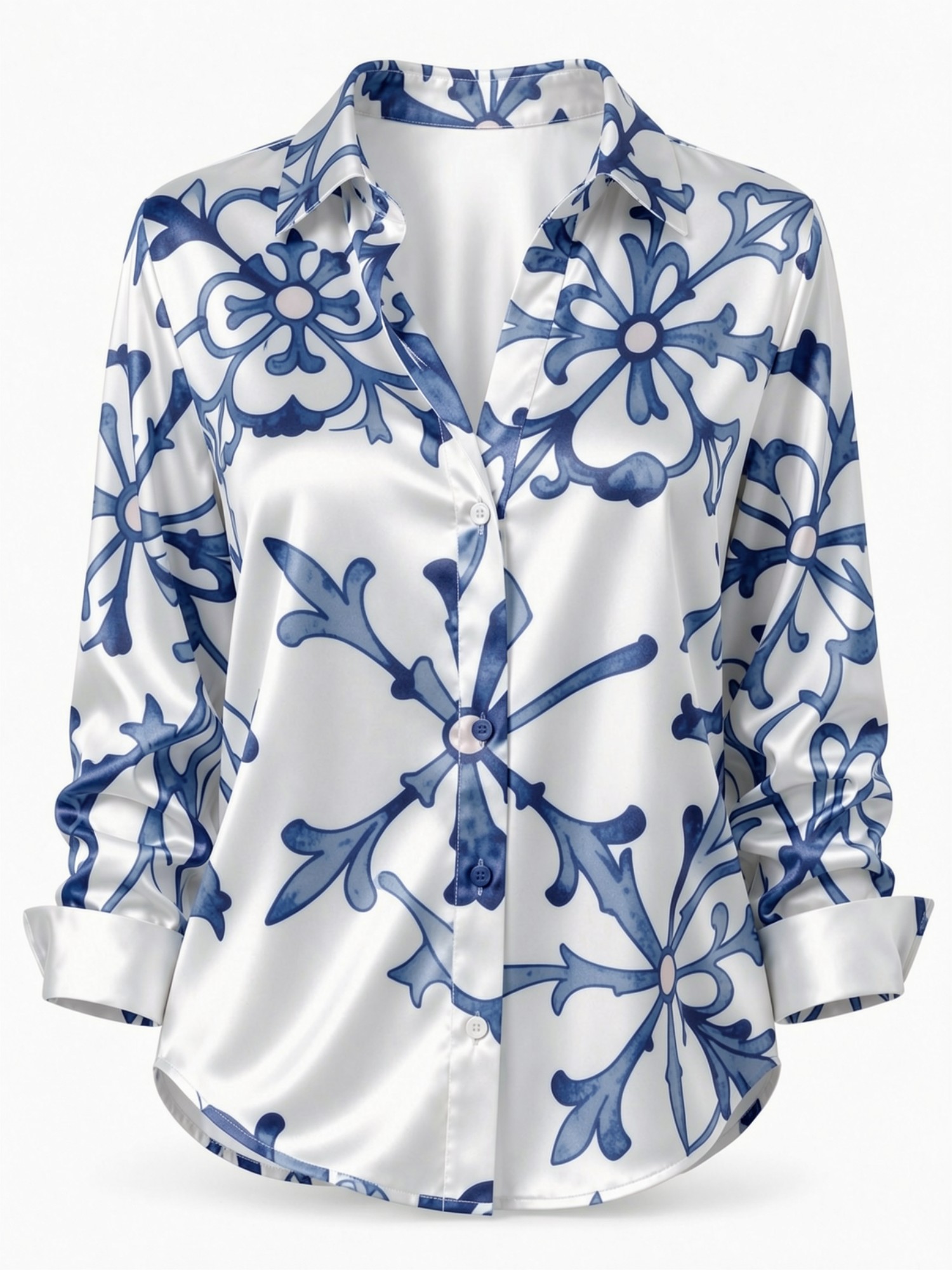 Blue Porcelain Floral Satin Bl – Resort Shirt Floral Bewertung und Preis