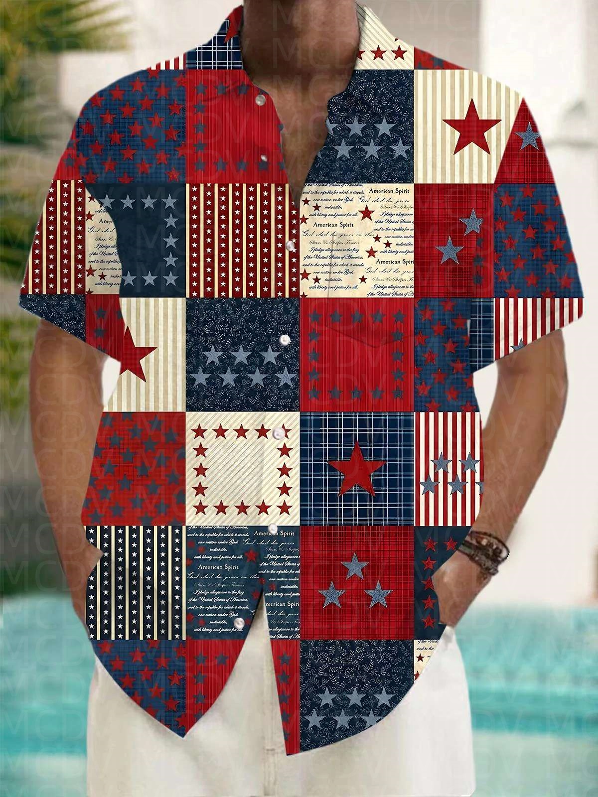 Flag Pattern Style Men's Hawai – Shirt Camp Collar Bewertung und Preis