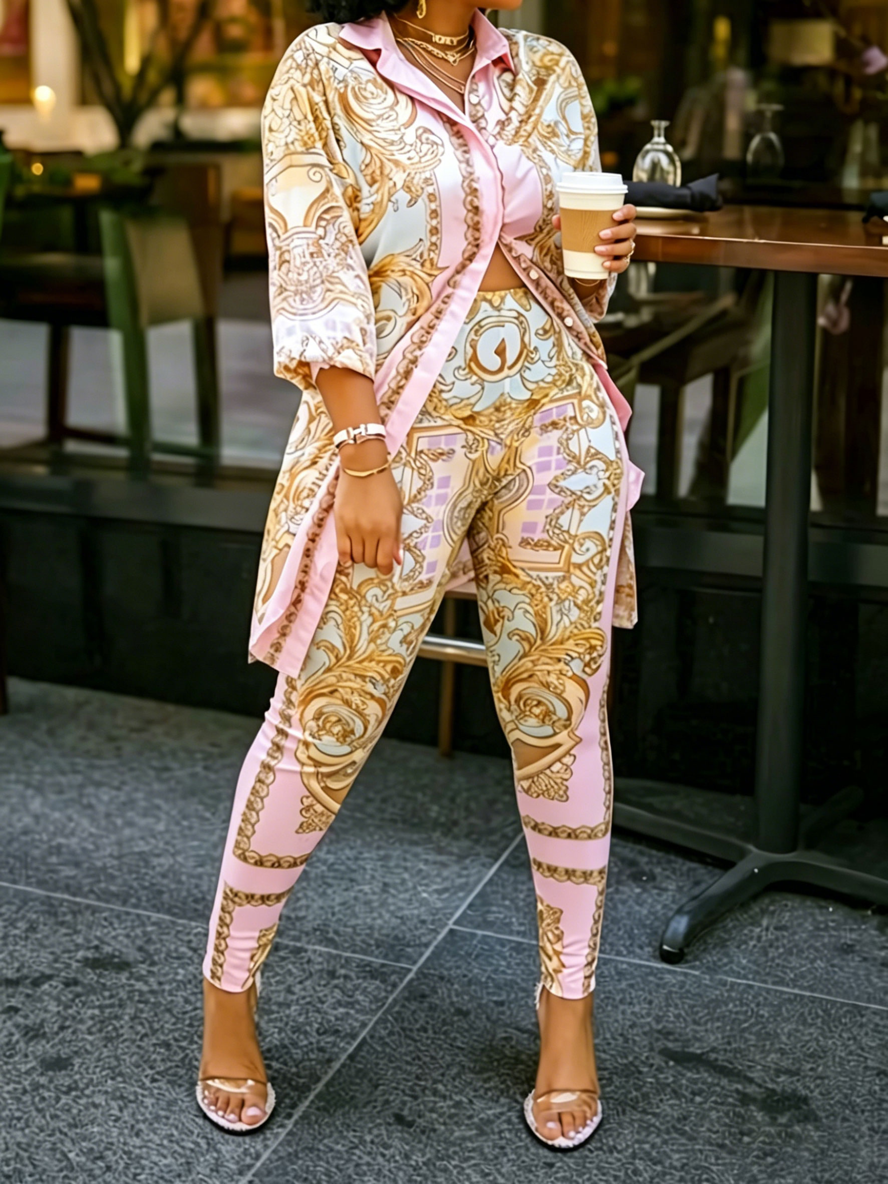 Women 2 Piece Set Ornate Print – Shirt Camp Collar Bewertung und Preis