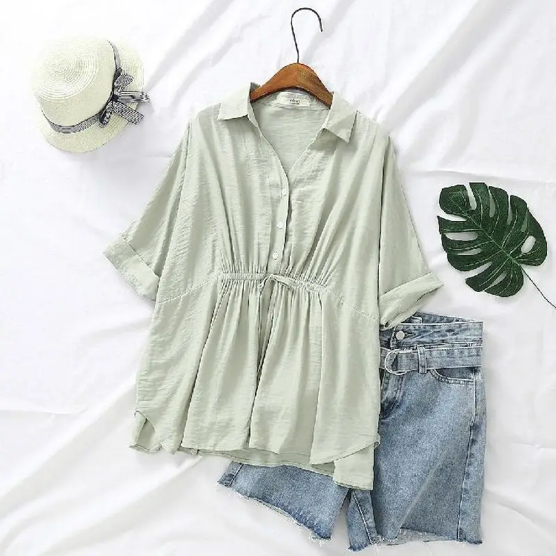 Korean Loose Blouses Women Fas – Short Linen Drawstring Bewertung und Preis