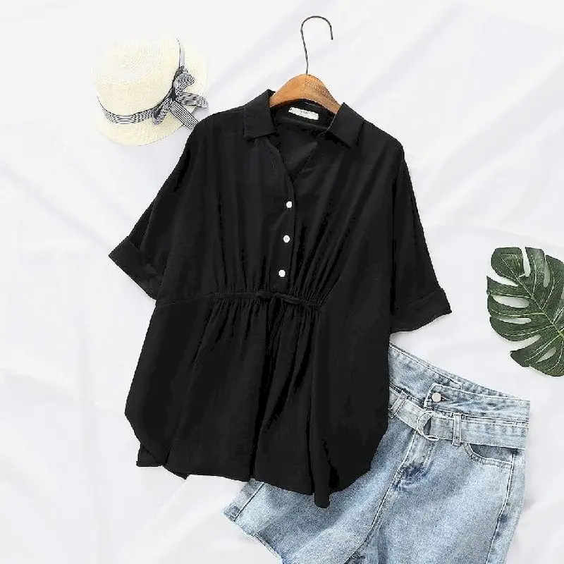 Korean Loose Blouses Women Fas – Short Linen Drawstring Bewertung und Preis